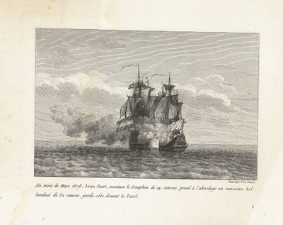 Jan Bart verovert een Hollands fregat, 1678 W marcu 1678 Jean-Bart, dosiadając 14-działowego Dauphina, wszedł na pokład 32-działowego holenderskiego statku, straży przybrzeżnej przed Texel (tytuł na obiekcie) Zbiór walk Jean-Bart, szefa Es autorstwa Yves Marie Le Gouaz