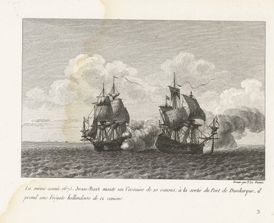 Jan Bart verovert een Hollands fregat bij Duinkerke, 1675 W tym samym roku 1675 Jean-Bart zamontował 10-działowy Corsair; przy wyjściu z portu Dunkierka zabiera holenderską fregatę z 12 działami (tytuł na obiekcie) Kompilacja walk Jean-Bart, ch autorstwa Yves Marie Le Gouaz