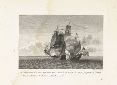 Jan Bart verovert een Hollands fregat bij Texel, 1675 Na początku 1675 r. Jean-Bart dowodzi Galiote z 2 działami: wszedł na pokład holenderskiej fregaty z 18 działami, przed Texel (tytuł na obiekcie) Kolekcja walk Jean-B autorstwa Yves Marie Le Gouaz