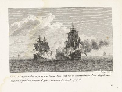 Jan Bart verovert een Spaans schip spotkał 350 żołnierzy w zarządzie, 1683 r. W 1683 roku Hiszpania wypowiedziała wojnę Francji, Jean-Bart objął dowództwo fregaty, z którą przejął okręt wojenny przewożący 350 żołnierzy hiszpańskich (tytuł na obje autorstwa Yves Marie Le Gouaz