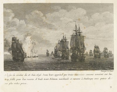 Treffen tussen een vloot onder Jan Bart en een Hollandse vloot, 1696 Pod koniec bitwy 18 czerwca 1696 Jean-Bart dowiaduje się, że trzynaście okrętów wroga (...) i wraca do Dunkierki z piętnastoma najbogatszymi nagrodami (tytuł na obiekcie) Kolekcja komba autorstwa Yves Marie Le Gouaz