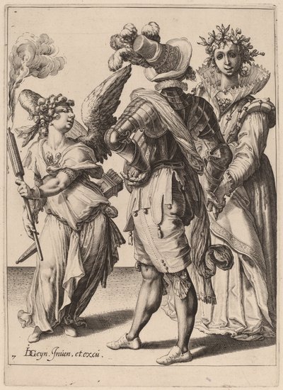 Kupidyn z zawiązanymi oczami trzymający pochodnię przed parą autorstwa Zacharias Dolendo after Jacques de Gheyn II
