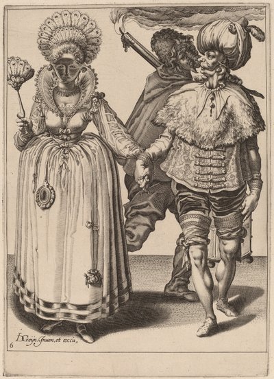 Mężczyzna w turbanie prowadzący kobietę w pawich piórach autorstwa Zacharias Dolendo after Jacques de Gheyn II