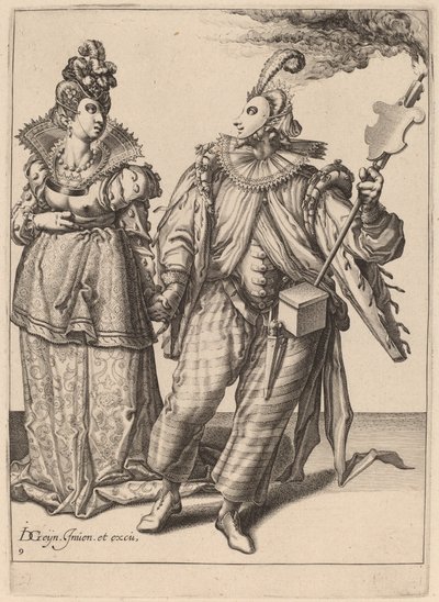 Kobieta prowadzona przez gracza trzymającego pochodnię autorstwa Zacharias Dolendo after Jacques de Gheyn II