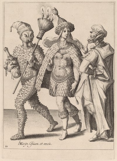 Stary komediant przemawiający do pary ubranej w pióra autorstwa Zacharias Dolendo after Jacques de Gheyn II