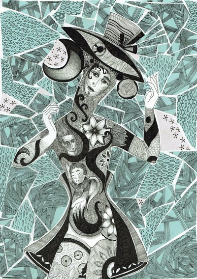 Nastrój, 2017 (tusz, kolaż na papierze) autorstwa Sabina Nedelcheva-Williams