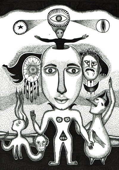 Rytuał, 2018 (rysunek tuszem na papierze) autorstwa Sabina Nedelcheva-Williams