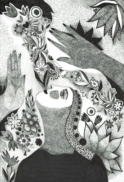 Kwiaty duszy, 2019 (rysunek tuszem na papierze) autorstwa Sabina Nedelcheva-Williams