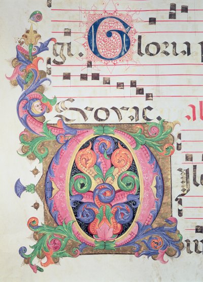 Mszał 515 fol.146r Historyczny inicjał „O” ozdobiony listowiem, szczegół z Księgi Chóralnej sporządzony przed 1449 r. autorstwa Zanobi di Benedetto Strozzi