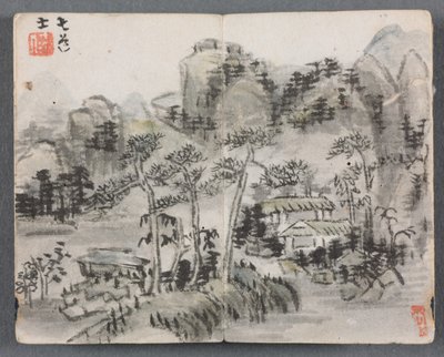 Album miniatur z postaciami i krajobrazem (pejzaż z dwoma budynkami) autorstwa Zeng Yandong