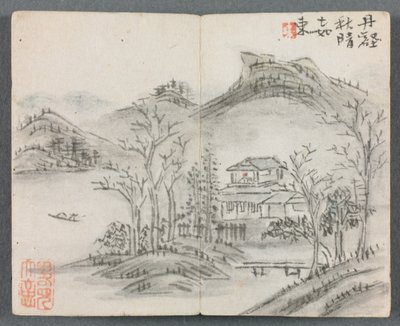 Album miniatur z postaciami i pejzażem Pejzaż ze wzgórzem, domem, łodzią i mostem, 1822 r. autorstwa Zeng Yangdong
