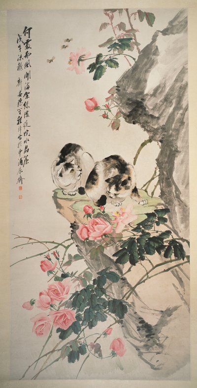 Koty na skale z różami autorstwa Zhang Cheng