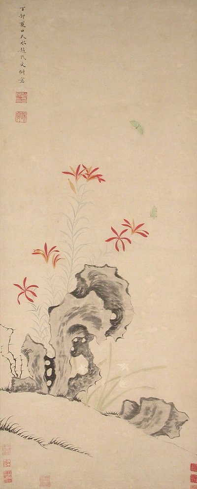 Rock, Tiger Lily and Orchid, datowany na 1627 rok. autorstwa Zhao Wenchu
