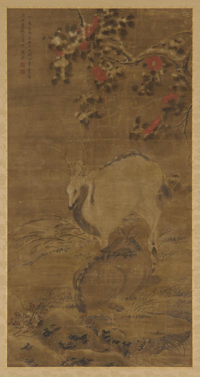 Jeleń, łania i czerwone kamelie w śniegu, 1367. autorstwa Zhou Yuan