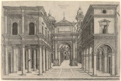 Ulica z różnymi budynkami, kolumnadami i łukiem autorstwa Zoan Andrea after Donato Bramante