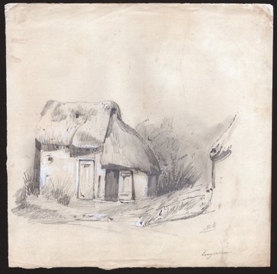 Domek kryty strzechą w centrum Francji. ok. 1830 (ilustracja) autorstwa . .