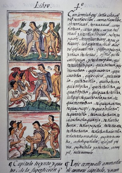 Wierzenia i przesądy, Księga IV kodeksu florenckiego, wersja dwujęzyczna w języku hiszpańskim i nahuatl, historia ogólna rzeczy nowej Hiszpanii, cywilizacja aztecka autorstwa Georg Carl Heinrich Dollmann
