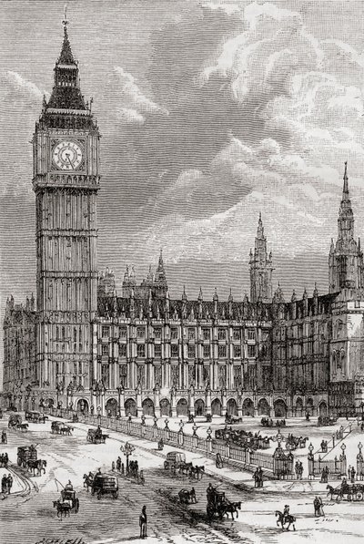 Big Ben i Houses of Parliament, Londyn, Anglia, widziany tutaj w XIX wieku. autorstwa . .