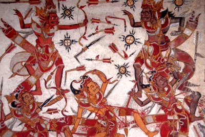 Malowanie sufitu w Pałacu Królewskim; Bitwa Bogów; Papier Gosa; park pałacowy Gili; Klungkung; Semarapura; Bali; Indonezja; Azja Południowo-Wschodnia; Azja autorstwa Frederick (attr. to) Barnard