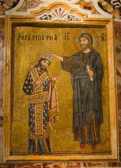 Chiesa di Santa Maria dell ‘Ammiraglio, mozaika wewnętrzna przedstawiająca króla Rogera II otrzymującego od Chrystusa koronę Sycylii, Piazza Bellini, Palermo, Sycylia, Włochy (zdjęcie) autorstwa . .