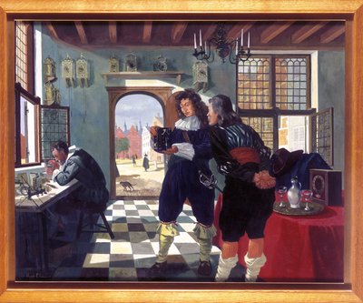 Zegarmistrzowie Christiaan Huygens w sklepie zegarmistrzowskim Salomona Costera autorstwa Frederick (attr. to) Barnard