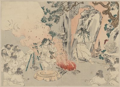„Hrabina Kami” tańczy, by wywabić boginię słońca Amaterasu ze swojej jaskini, ok. 1890 r. (drzewryt) autorstwa . .