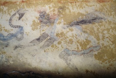 Demon, fresk, Grób Niebieskich Demonów, Nekropolia Tarquinia (Lista Światowego Dziedzictwa UNESCO, 2004), Lacjum, Włochy, Cywilizacja Etrusków, V wiek p.n.e. (zdjęcie) autorstwa Georg Carl Heinrich Dollmann