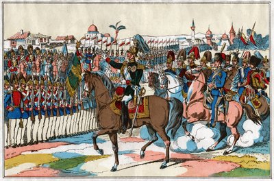 Cesarz Aleksander II dokonuje przeglądu swoich wojsk przed wypowiedzeniem wojny Turcji (1877). ok. 1880 (ilustracja) autorstwa . .
