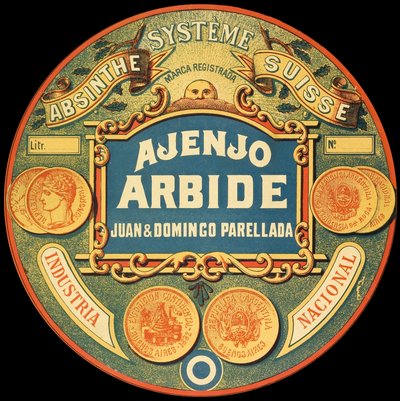 Etykieta argentyńskiej marki absyntu Ajenjo Arbide autorstwa Frederick (attr. to) Barnard