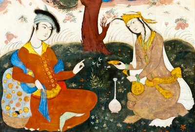 Fresk; dwoje kochanków; miniatura perska; Chehel Sotoun; Pałac Czterdziestu Filarów; Isfahan; Iran; Azja autorstwa Frederick (attr. to) Barnard