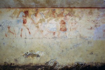 Kondukt żałobny z tancerzami i muzykami, fresk, Grób Błękitnych Demonów, Nekropolia Tarquinia (Lista Światowego Dziedzictwa UNESCO, 2004), Lacjum, Włochy Cywilizacja Etrusków, V wiek p.n.e. autorstwa Georg Carl Heinrich Dollmann