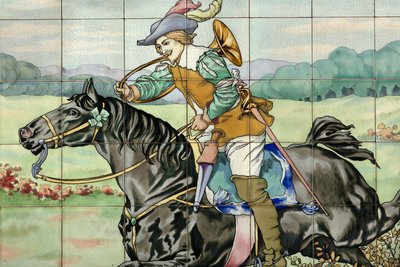 Widok wnętrza, panel kafelkowy, malarz Furcy Ernest Tondeur, egzekutor Boch Frères La Louvière, drugi panel przedstawia scenę polowania z galopującym jeźdźcem z rogiem myśliwskim autorstwa . .