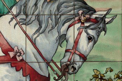 Widok wnętrza, panel kafelkowy, malarz Furcy Ernest Tondeur, wykonawca Boch Frères La Louvière, drugi panel, detal autorstwa . .