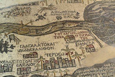 Jerycho i okolice, w tym rzeka Jordan i Morze Martwe, fragment mapy Ziemi Świętej, mozaika podłogowa, ok. 560 r., absyda bazyliki św. Jerzego, Madaba, Jordania, cywilizacja bizantyjska, VI w. n.e. autorstwa School Lebanese
