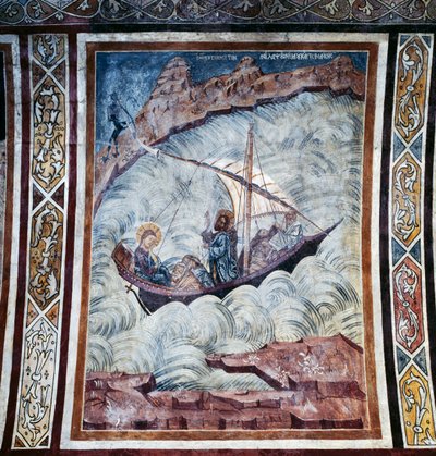 Jezus ucisza burzę, fresk na sklepieniu kościoła klasztoru Thari, wyspa Rodos, Grecja autorstwa Georg Carl Heinrich Dollmann