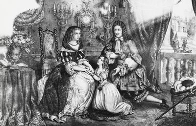 Król Ludwik XIV i jego córka błagają księżną Ludwikę de La Valliere, aby nie wycofywała się do klasztoru autorstwa Georg Carl Heinrich Dollmann