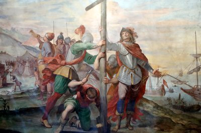 Lądowanie Krzysztofa Kolumba. Świeży. Palazzo Fieschi-Crosa Di Vergagni. Genua. Włochy. autorstwa . .