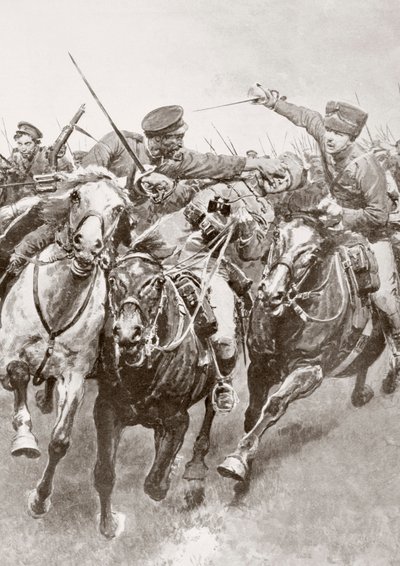 Konna walka między kozakami rosyjskimi a kawalerią niemiecką znaną jako Hussars of Death en Schwansfeld, między Korschen a Bartenstein, Prusy Wschodnie, sierpień 1914 podczas I wojny światowej, z La Esfera autorstwa Ferdinand Georg Waldmuller