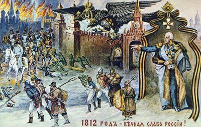 Wojna napoleońska 1812 r., przedstawienie odwrotu Napoleona spod Moskwy nadzorowanego przez cesarskiego rosyjskiego dwugłowego orła i cara Aleksandra I. autorstwa Frederick (attr. to) Barnard