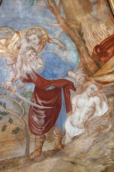 Kościół Matki Bożej Wniebowzięcia Kordonu. Fresk. Bóg nakazuje Abrahamowi, aby złożył w ofierze swojego syna Izaaka. Francja. Francja. autorstwa . .