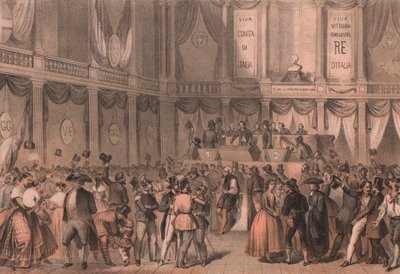 Plebiscyt na przyłączenie do Włoch, sala Uniwersytetu Neapolitańskiego, Kampania, Risorgimento włoskie, litografia Carlo Perrin z rysunku Carlo Bossoli (1815-1884), 22x15 cm autorstwa William Walcutt