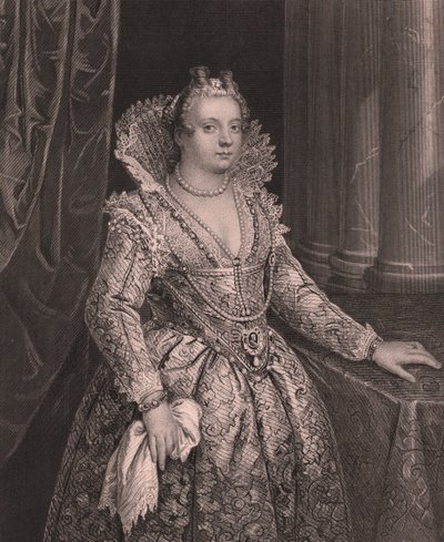 Portret Marii Medycejskiej (1575-1642), królowej Francji, rycina W French z obrazu Giovanniego Fasolo, z Królewskiej Galerii Drezdeńskiej Payne, autorstwa Alberta Henry
