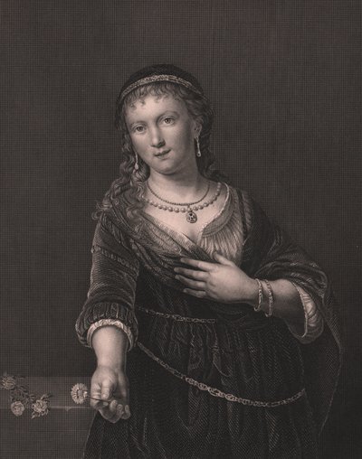 Portret Saskii van Uylenburgh (1612-1642), żony Rembrandta, rycina Daniela Johna Pounda z obrazu Rembrandta, z Królewskiej Galerii Drezdeńskiej Payne