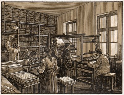 Drukarnia w Budapeszcie na Węgrzech: oprawa i przygotowanie książek. Praca kobiet. ok. 1910 (ilustracja) autorstwa . .