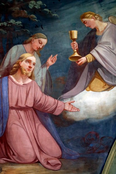 Kościół w Rumily. Malowanie ścian. Jezus modlący się w ogrodzie Getsemane po Ostatniej Wieczerzy. Francja. autorstwa . .