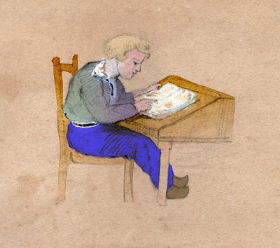 Uczeń w pracy na biurku. ok. 1830 (ilustracja) autorstwa . .