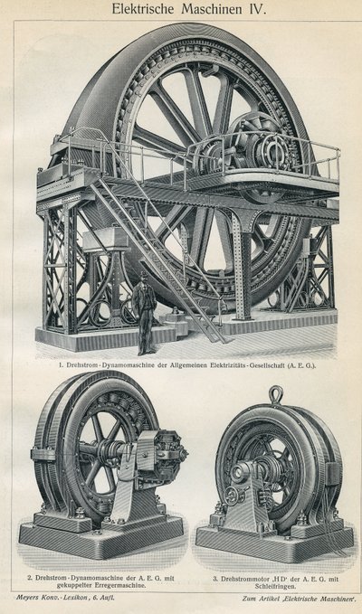 Tablica naukowo-technologiczna przedstawiająca przemysłowe maszyny elektryczne na prąd trójfazowy. Ilustracja zaczerpnięta z „” Meyers Grosses Konversations - Lexikon””” 1904. Bibliographers Institut, Leipzig und Wien autorstwa Ferdinand Georg Waldmuller