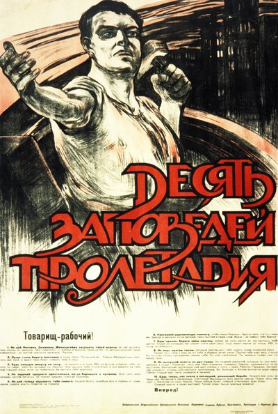 Radziecki plakat propagandowy z lat 30. XX w. „Dziesięć przykazań proletariatu”. autorstwa Frederick (attr. to) Barnard