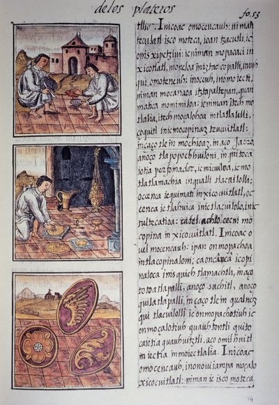 Produkcja zastawy stołowej i tarcz, strona z Kodeksu florenckiego, wersja dwujęzyczna w języku hiszpańskim i nahuatl, Historia ogólna rzeczy Nowej Hiszpanii, autorstwa hiszpańskiego misjonarza Fray Bernardino de Sahagun. Cywilizacja Azteków autorstwa Georg Carl Heinrich Dollmann