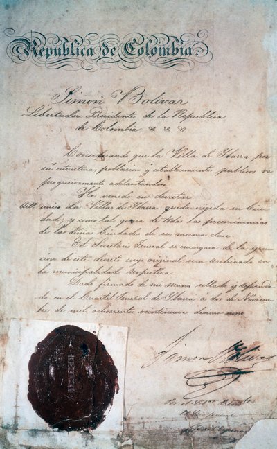 Akt, na mocy którego Simon Bolivar ogłosił miasto San Miguel de Ibarra, stolicą okolicznej prowincji, wówczas częścią Wielkiej Kolumbii (dziś Ekwador), 2 listopada autorstwa Georg Carl Heinrich Dollmann